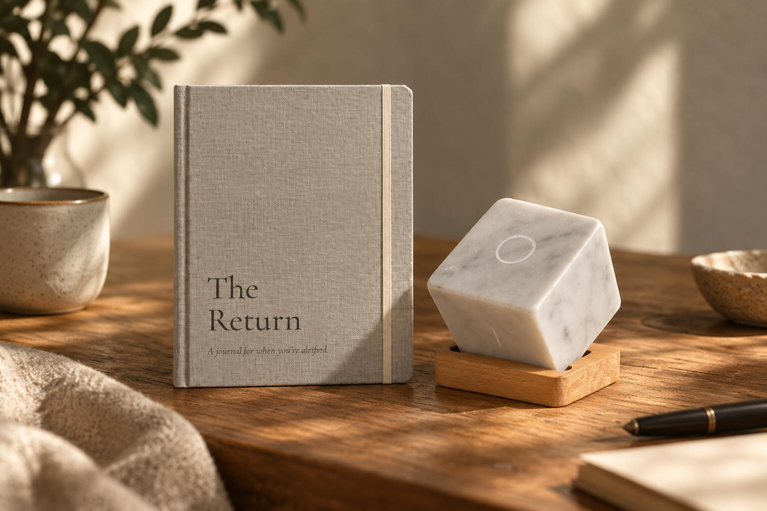 The Return and Presence Cube The Return journal next to The Presence Cube on desktop.